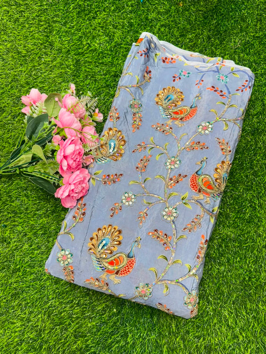 Premium Pure Natural Crêpe Fabric – Floral Embroidered Collection width 44