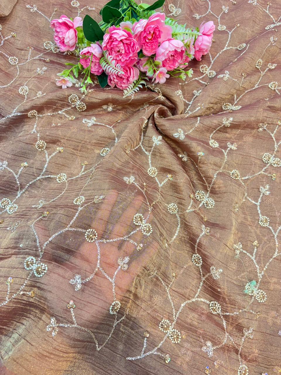 exclusive hand made Pearl Glass Tissue Fabric lehanga frock gown Sare width 44