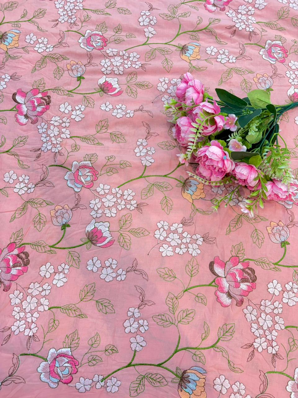 Blush Garden Pure 100% Cotton Embroidered Fabric width44