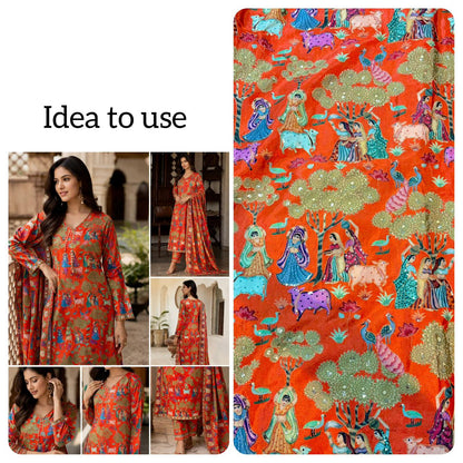 100%Pure Chinon Fabric – Ethnic Pastoral Women & Nature Printbeautiful flower design width 44 Blouse,lehanga, frock