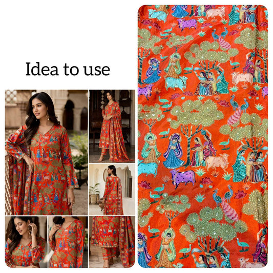 100%Pure Chinon Fabric – Ethnic Pastoral Women & Nature Printbeautiful flower design width 44 Blouse,lehanga, frock