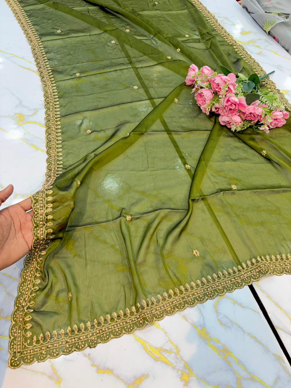 Regal Rangoli Silk Dupatta with Handcrafted Pearl & Zari Border (2.75M)