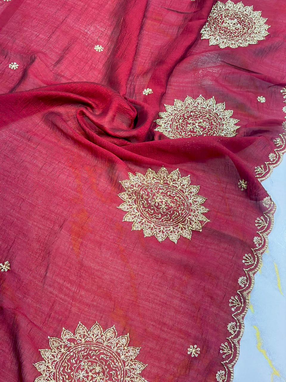 Vichitra Silk Dupatta with Grand Mandala Embroidery & Scalloped beats work Borders (2.75M