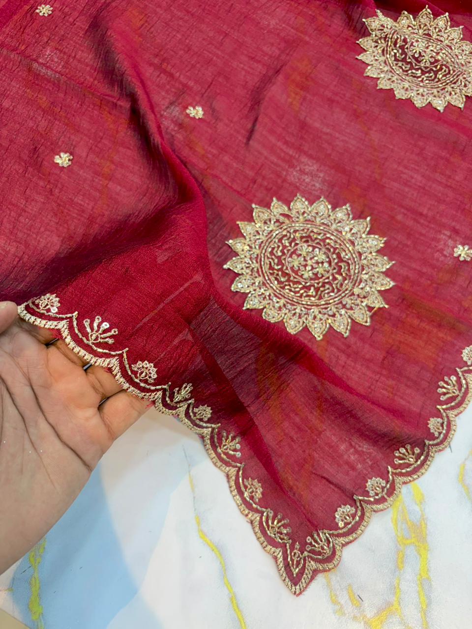 Vichitra Silk Dupatta with Grand Mandala Embroidery & Scalloped beats work Borders (2.75M