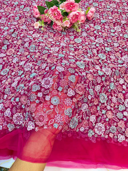 💫Royal Floral Embroidered Net Couture Fabric” beats work 44width