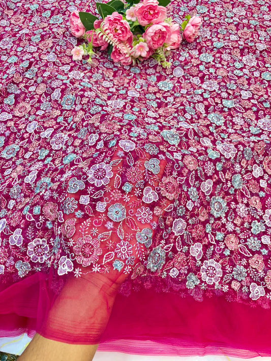 💫Royal Floral Embroidered Net Couture Fabric” beats work 44width