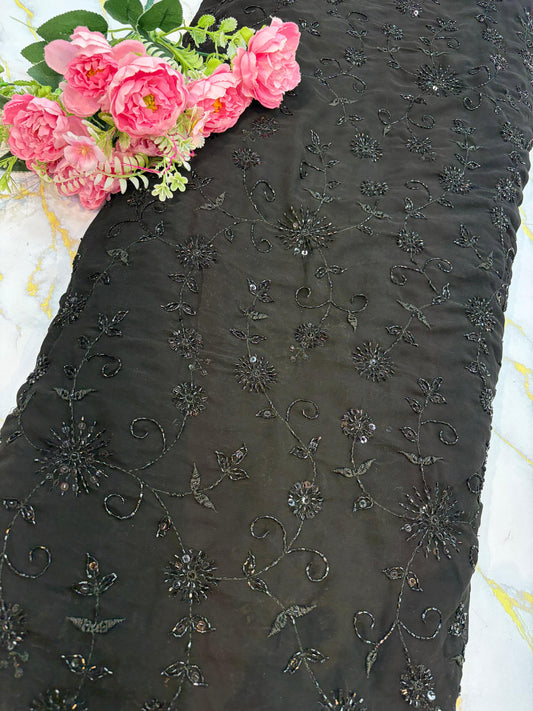 Midnight Bloom Beaded pure foog Georgette  soft structure Fabric  width 44 sare , frock , blouse and etc