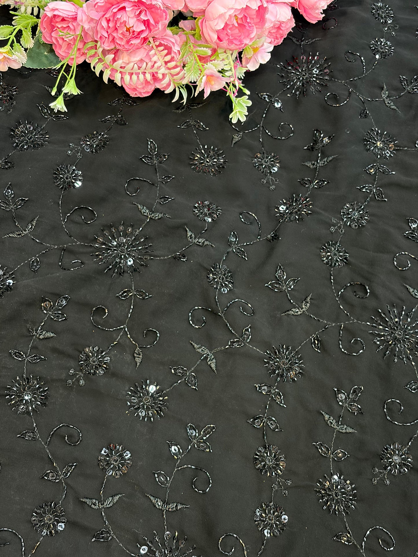 Midnight Bloom Beaded pure foog Georgette  soft structure Fabric  width 44 sare , frock , blouse and etc