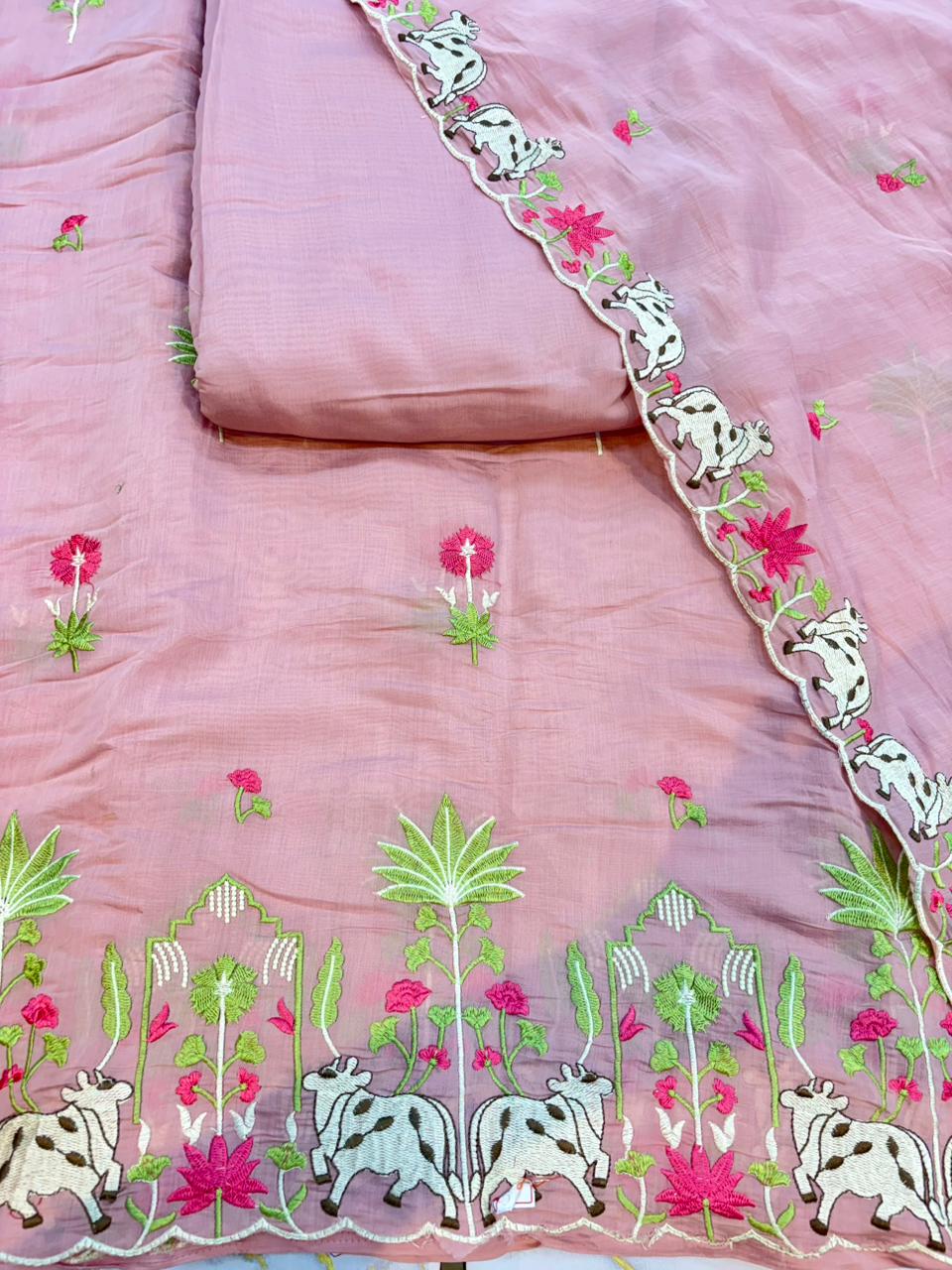 Elegant Pashmina Silk with 2 side work Dupatta with Embroidered Borders and plain width 44