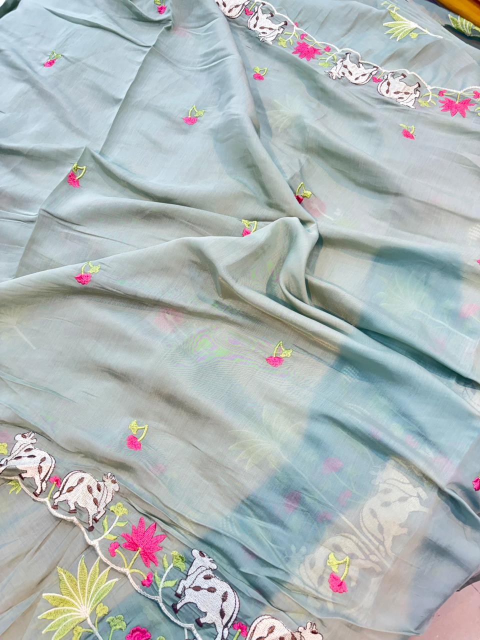 Elegant Pashmina Silk with 2 side work Dupatta with Embroidered Borders and plain width 44