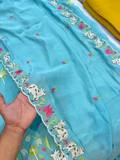 Elegant Pashmina Silk with 2 side work Dupatta with Embroidered Borders and plain width 44