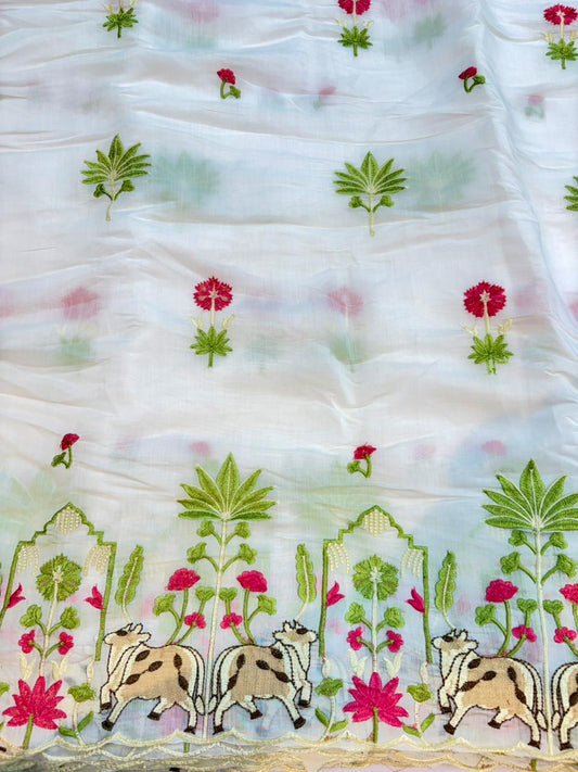 Elegant Pashmina Silk with 2 side work Dupatta with Embroidered Borders and plain width 44