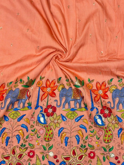 pure 100%  Kalamkari Border Pure Imported Fabric width 44