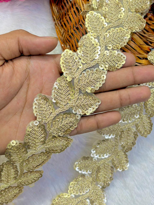 Designer Embroidered Sequin Leaf Border – Exquisite Maggam Inspired ( Handwork pack of 9 meter