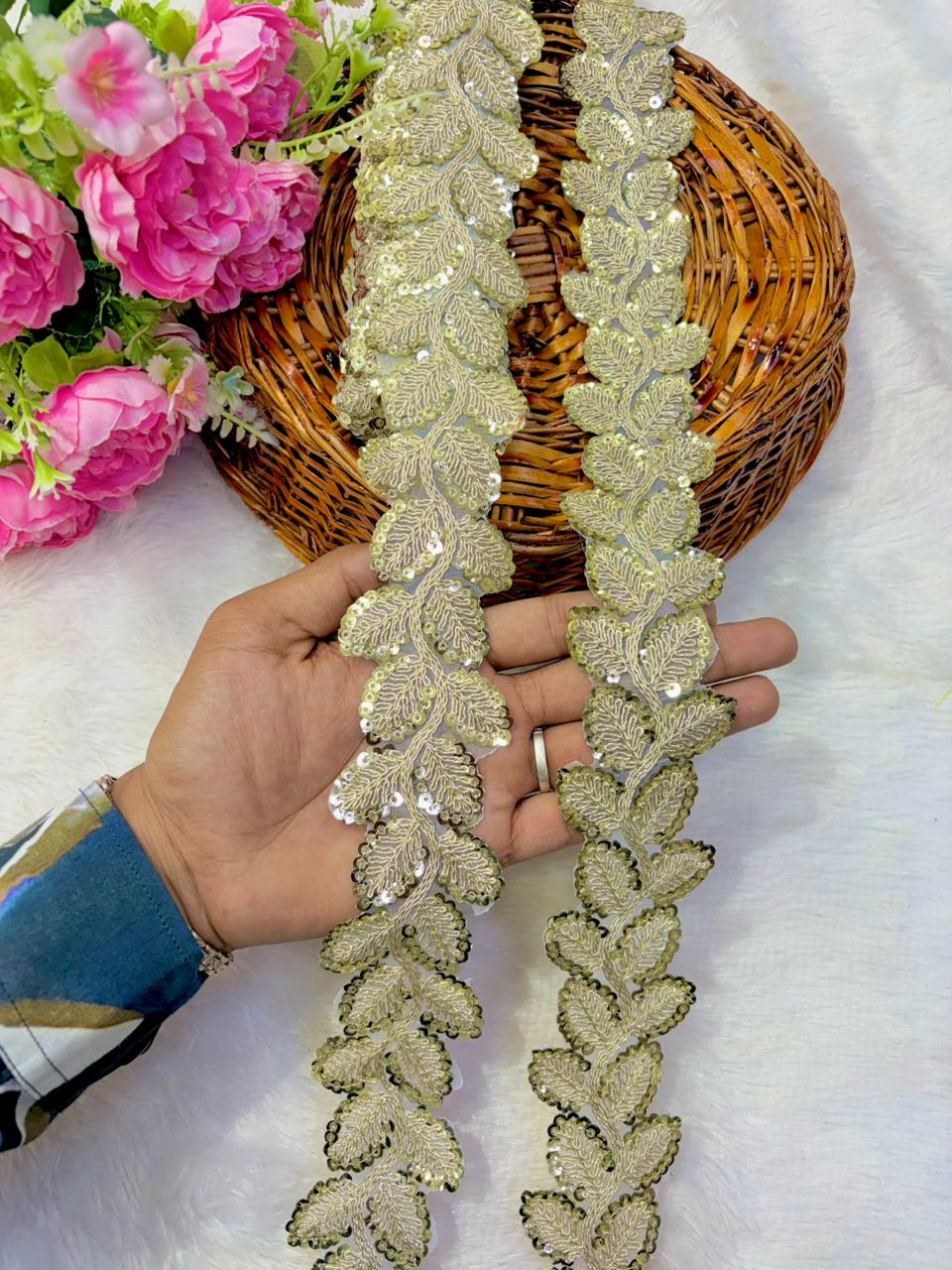 Designer Embroidered Sequin Leaf Border – Exquisite Maggam Inspired ( Handwork pack of 9 meter