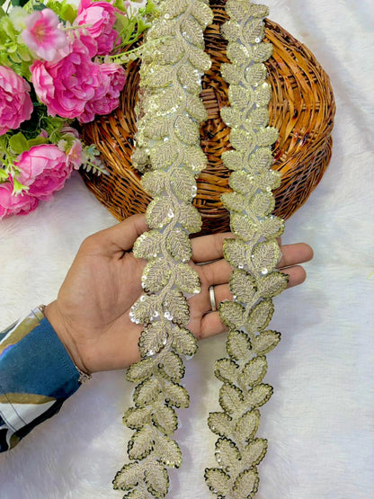 Designer Embroidered Sequin Leaf Border – Exquisite Maggam Inspired ( Handwork pack of 9 meter