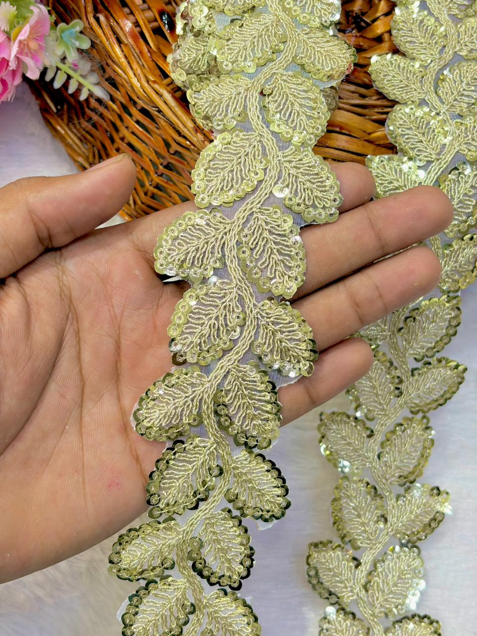 Designer Embroidered Sequin Leaf Border – Exquisite Maggam Inspired ( Handwork pack of 9 meter