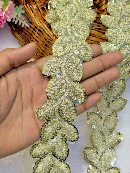 Designer Embroidered Sequin Leaf Border – Exquisite Maggam Inspired ( Handwork pack of 9 meter