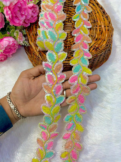 Designer Embroidered Sequin Leaf Border – Exquisite Maggam Inspired ( Handwork pack of 9 meter