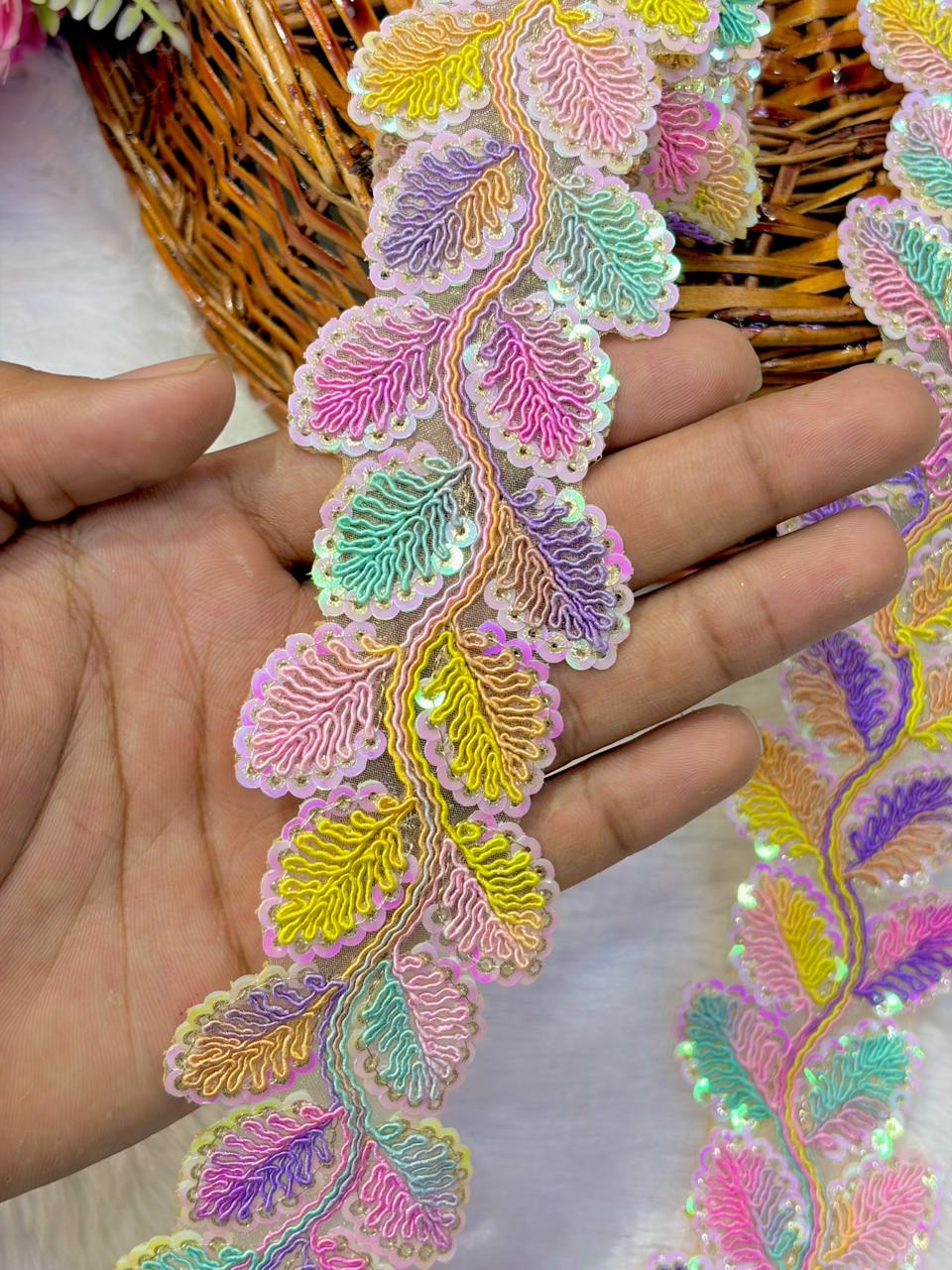Designer Embroidered Sequin Leaf Border – Exquisite Maggam Inspired ( Handwork pack of 9 meter
