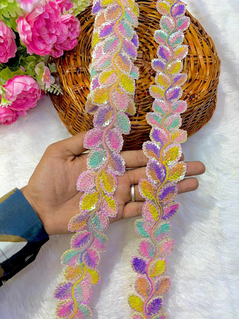 Designer Embroidered Sequin Leaf Border – Exquisite Maggam Inspired ( Handwork pack of 9 meter