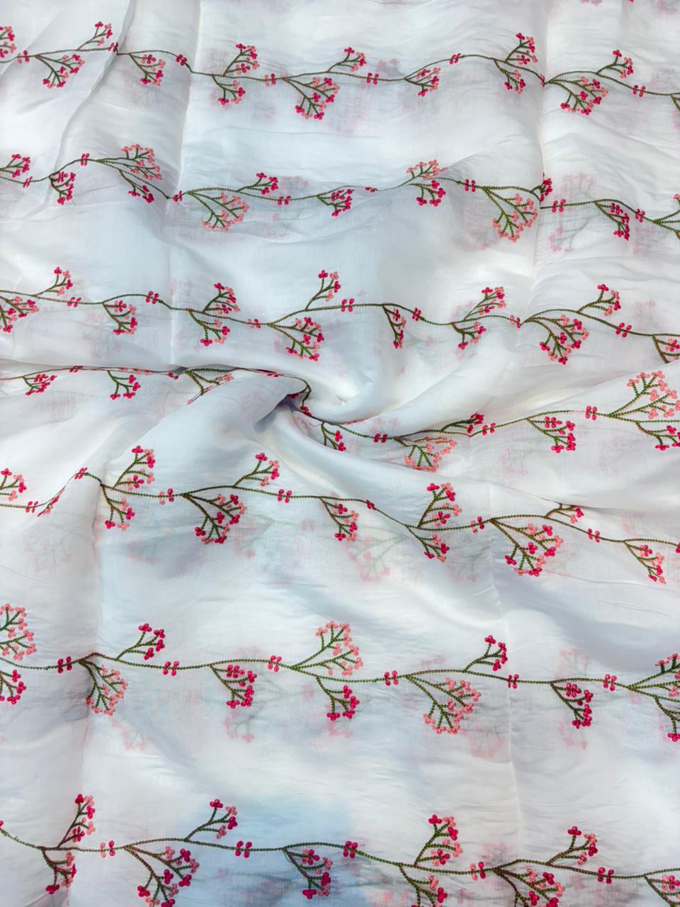 This premium fabric is a Floral Embroidered Pashmina Silk width 44