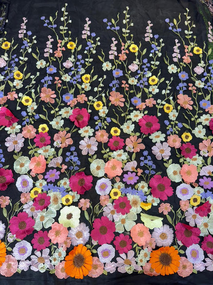 Midnight Bloom 3D Floral Appliqué Net  width 60