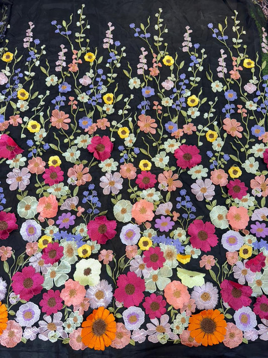 Midnight Bloom 3D Floral Appliqué Net  width 60