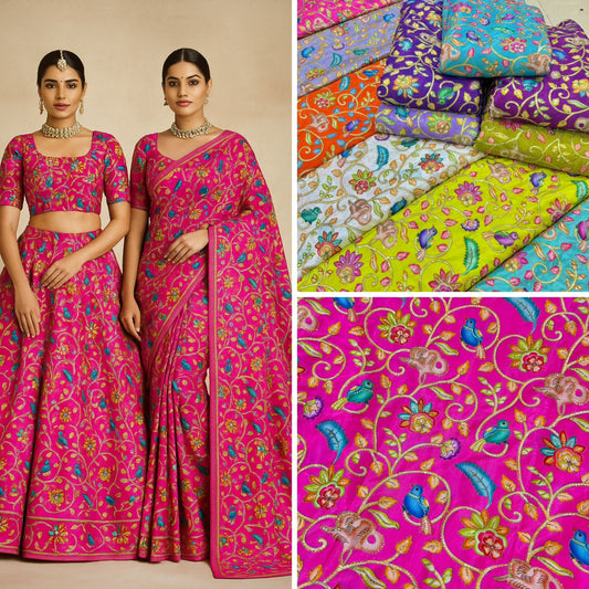 Luxury ORANGE Silk french crepe Fabric with Nature-Inspired Embroidery kalamkari birds desig 44width