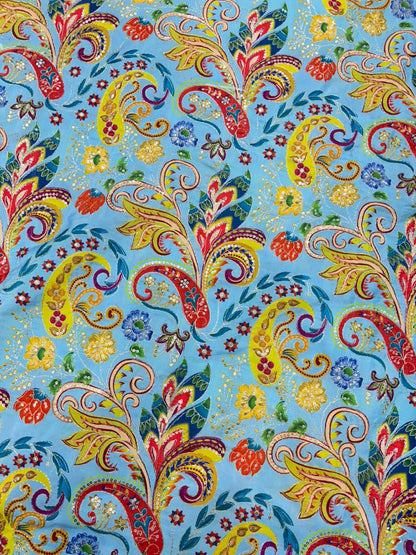 Royal Sky Blue Paisley Floral Printed Fabric – 44″ Width | Saree & Frock Gown Use