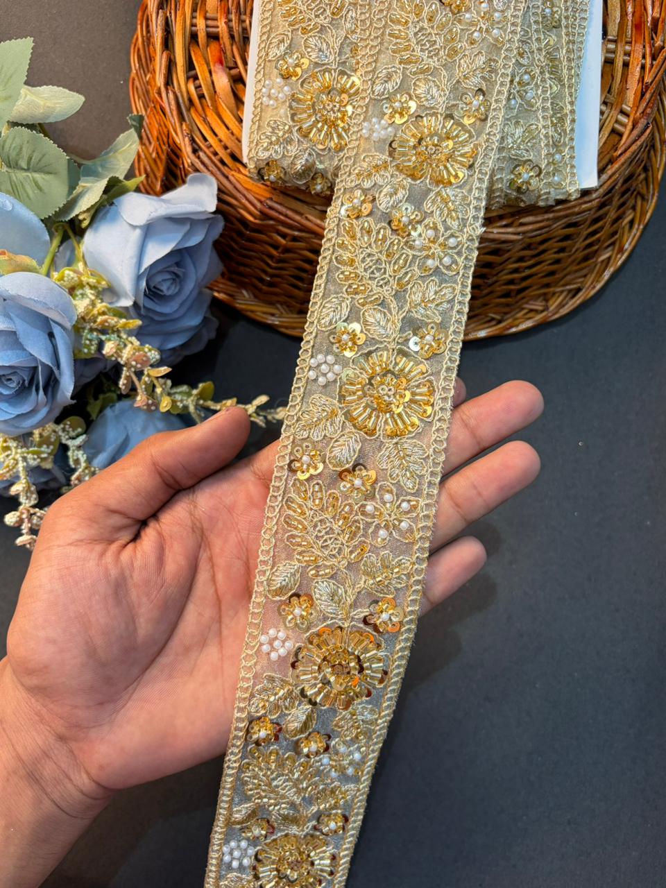 Luxury Gold handmade Sequin & Pearl Work Lace Border Pack (9 meter roll)