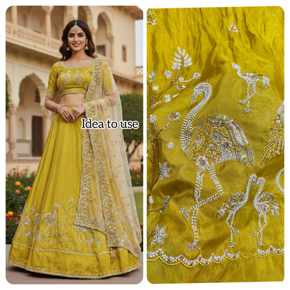 👗🥻نسيج فيسكوز فاخر يدوي الصنع مع تطريز على القماش - تطريز يدوي يدوي على شكل بيع Swan &amp; Floral Motif، عرض 60 بوصة