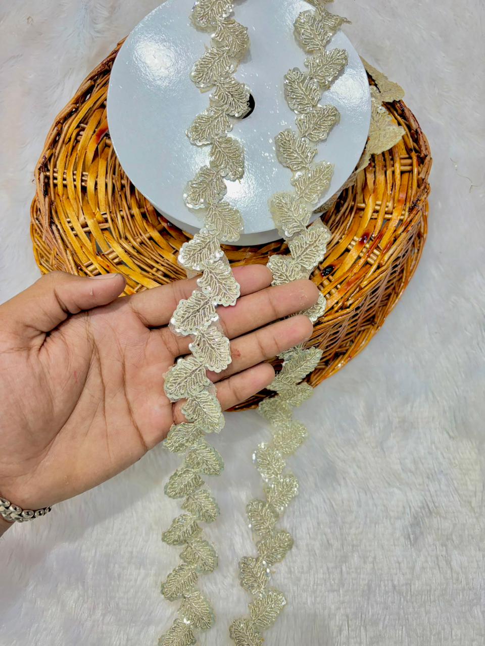 🥻Premium Golden Leaf Embroidered Lace Border for Saree & Lehenga (pack of 9 meter) PANI COLOUR