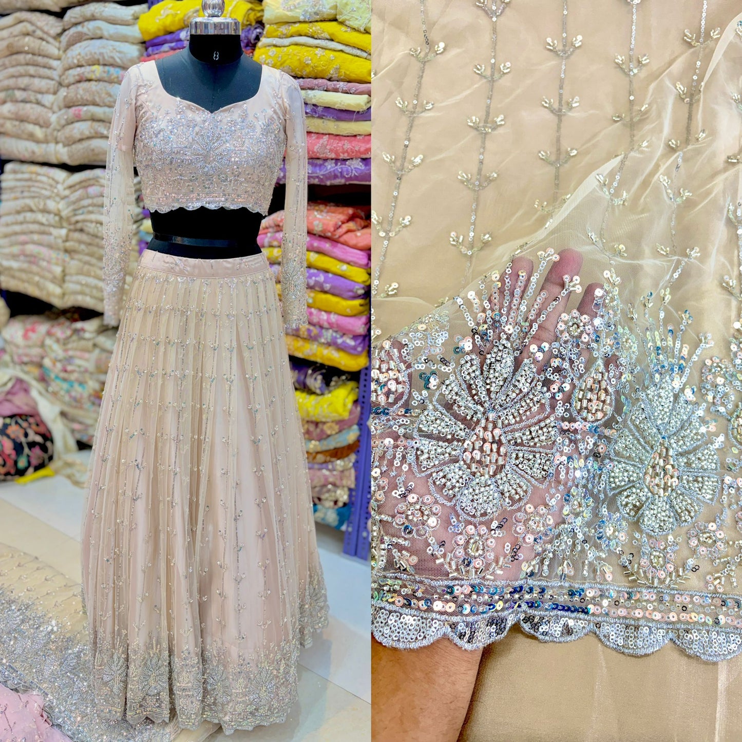 Heavy Sequin handwork net Embroidered Net Fabric for, Saree, Gown & Lehenga Design – Pink Base Designer Embroidery Fabric 50 width panna