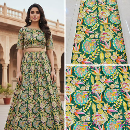 😍Chinon printed 👗🥰 Fabric with Sequins | Designer Embroidery Material for Lehenga, 🥹Saree, Blouse & Kurti | Festive Wear Fabric 44-45 width