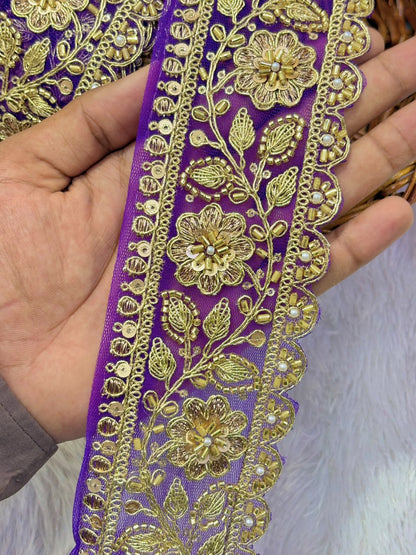 ✨ Premium Golden Embroidered Zari Lace – Elegant Decorative Border pack of 9 meter PURPLE