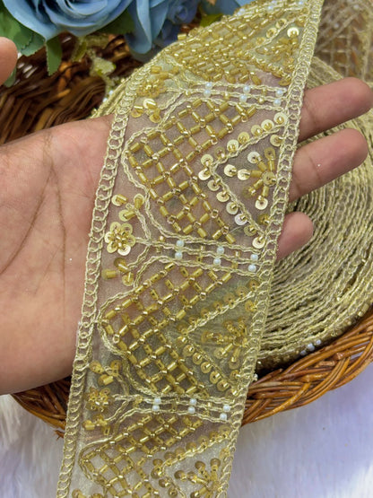 ✨ Premium Golden hand made   3inch Embroidered Zari Lace – Elegant Decorative Border pack of 9 meter golden