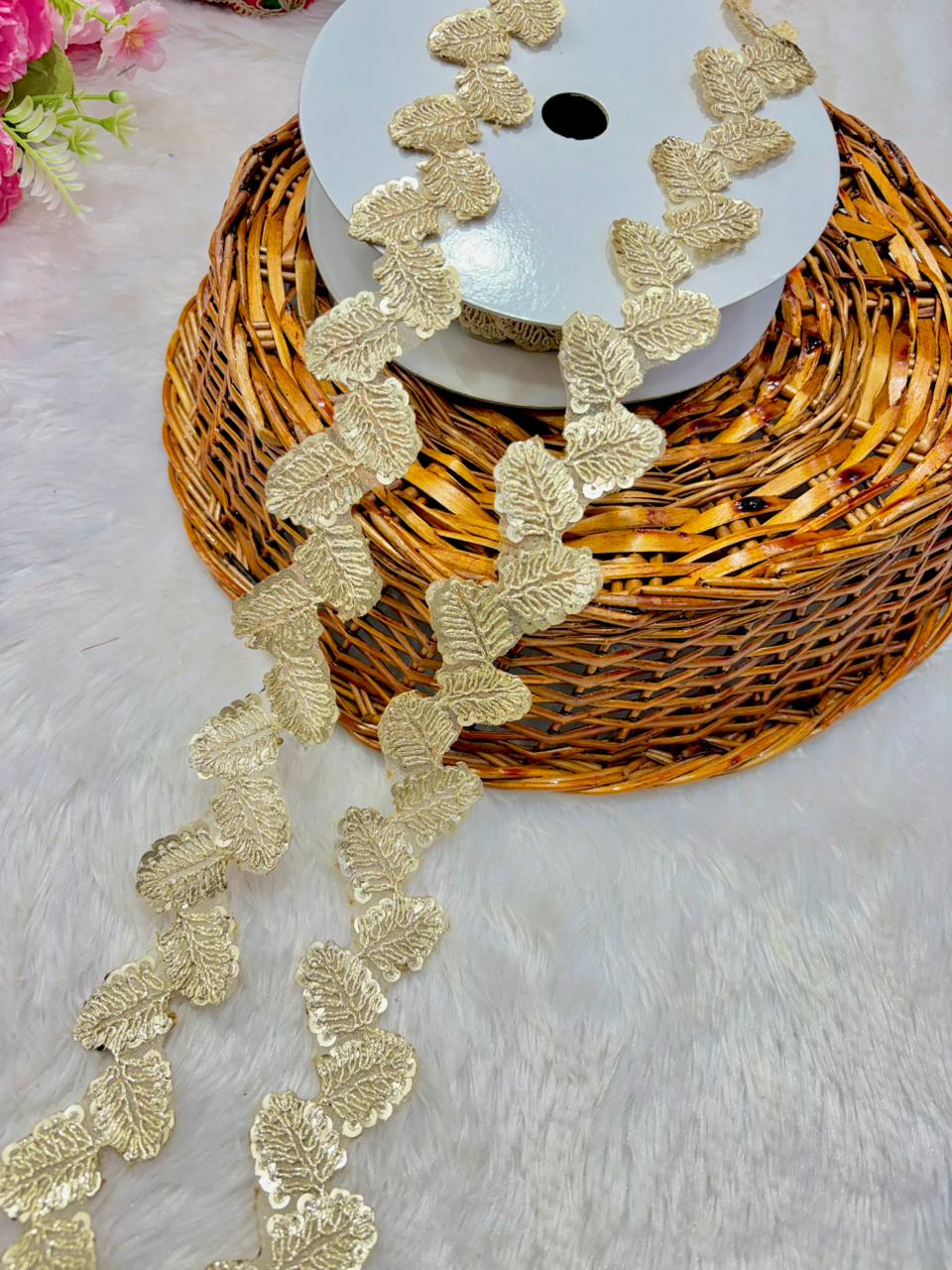 🥻Premium Golden Leaf Embroidered Lace Border for Saree & Lehenga (pack of 9 meter) GOLD