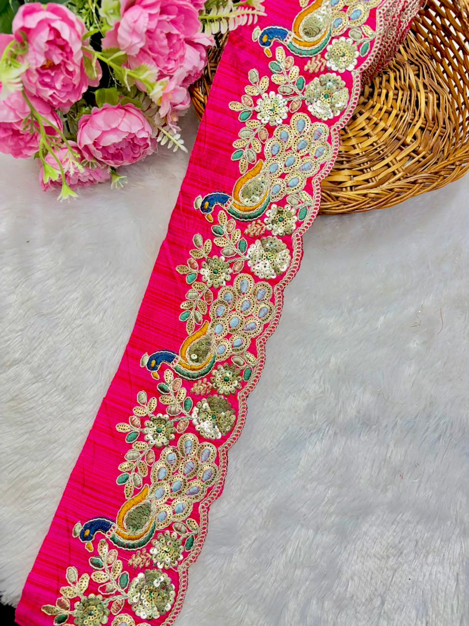 Peacock LACE BORDER FABRIC RAW SILK  Embroidered Lace Border – Premium Zari & Thread Work (9 Meter)