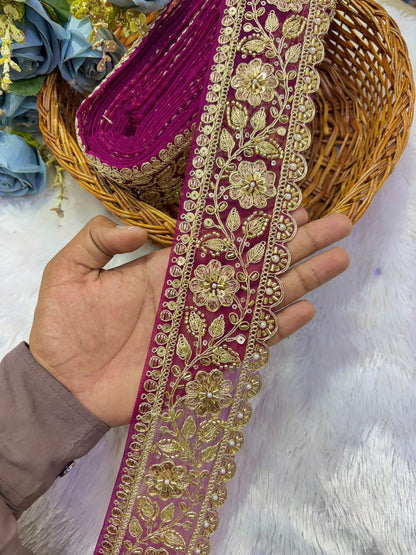 ✨ Premium Golden Embroidered Zari Lace – Elegant Decorative Border pack of 9 meter WINE