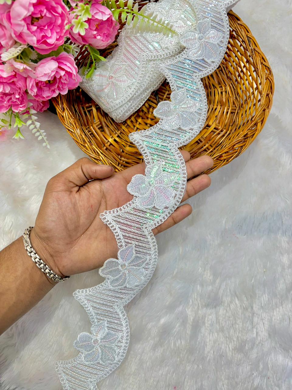 Premium Dyable✅ White Scalloped Floral Embroidered Lace Border( pack of 9 meter )