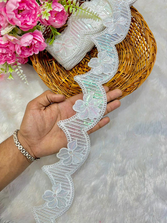 Premium Dyable✅ White Scalloped Floral Embroidered Lace Border( pack of 9 meter )