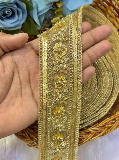 ✨ Premium Golden hand made  Embroidered Zari Lace – Elegant Decorative Border pack of 9 meter golden