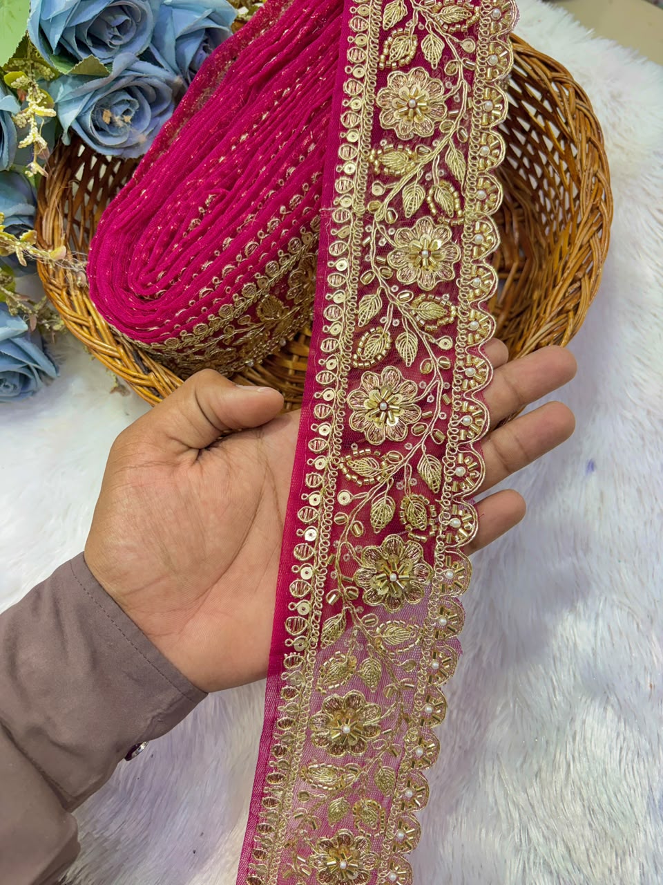 ✨ Premium Golden Embroidered Zari Lace – Elegant Decorative Border pack of 9 meter PINK COLOUR