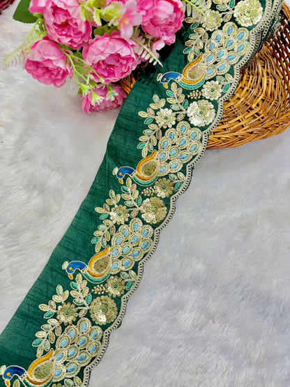 Peacock LACE BORDER FABRIC RAW SILK  Embroidered Lace Border – Premium Zari & Thread Work (9 Meter)