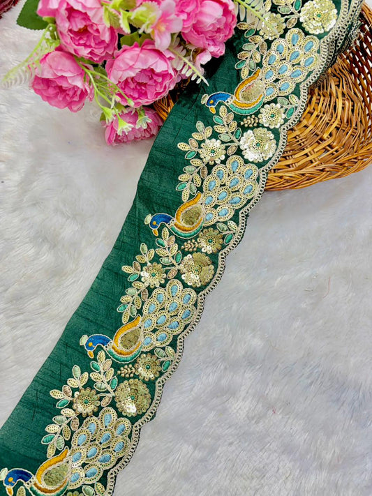 Peacock LACE BORDER FABRIC RAW SILK  Embroidered Lace Border – Premium Zari & Thread Work (9 Meter)