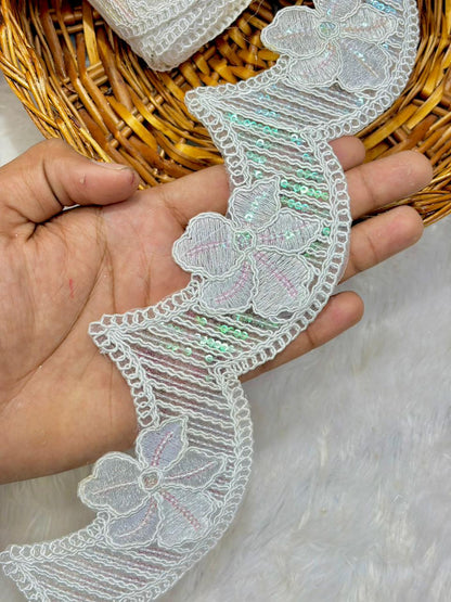 Premium Dyable✅ White Scalloped Floral Embroidered Lace Border( pack of 9 meter )