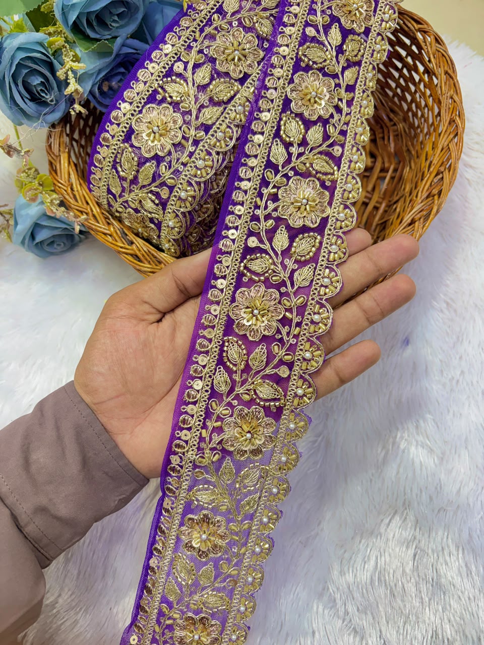 ✨ Premium Golden Embroidered Zari Lace – Elegant Decorative Border pack of 9 meter PURPLE