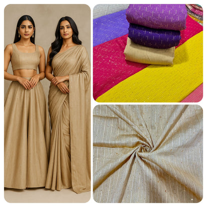 Elegant Champagne Gold  banarasi Fabric with Vertical Sequin Stripes – Premium Party & Bridal Wear 44inchwidth