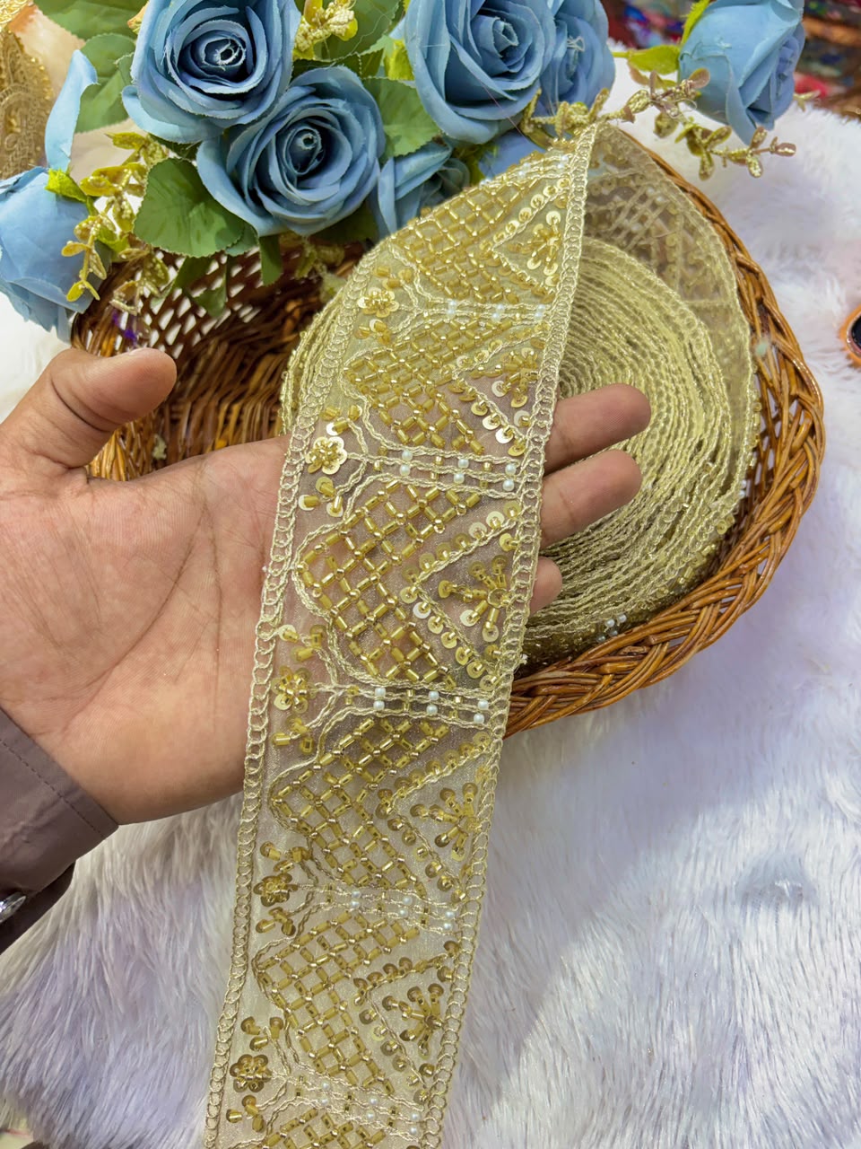 ✨ Premium Golden hand made   3inch Embroidered Zari Lace – Elegant Decorative Border pack of 9 meter golden